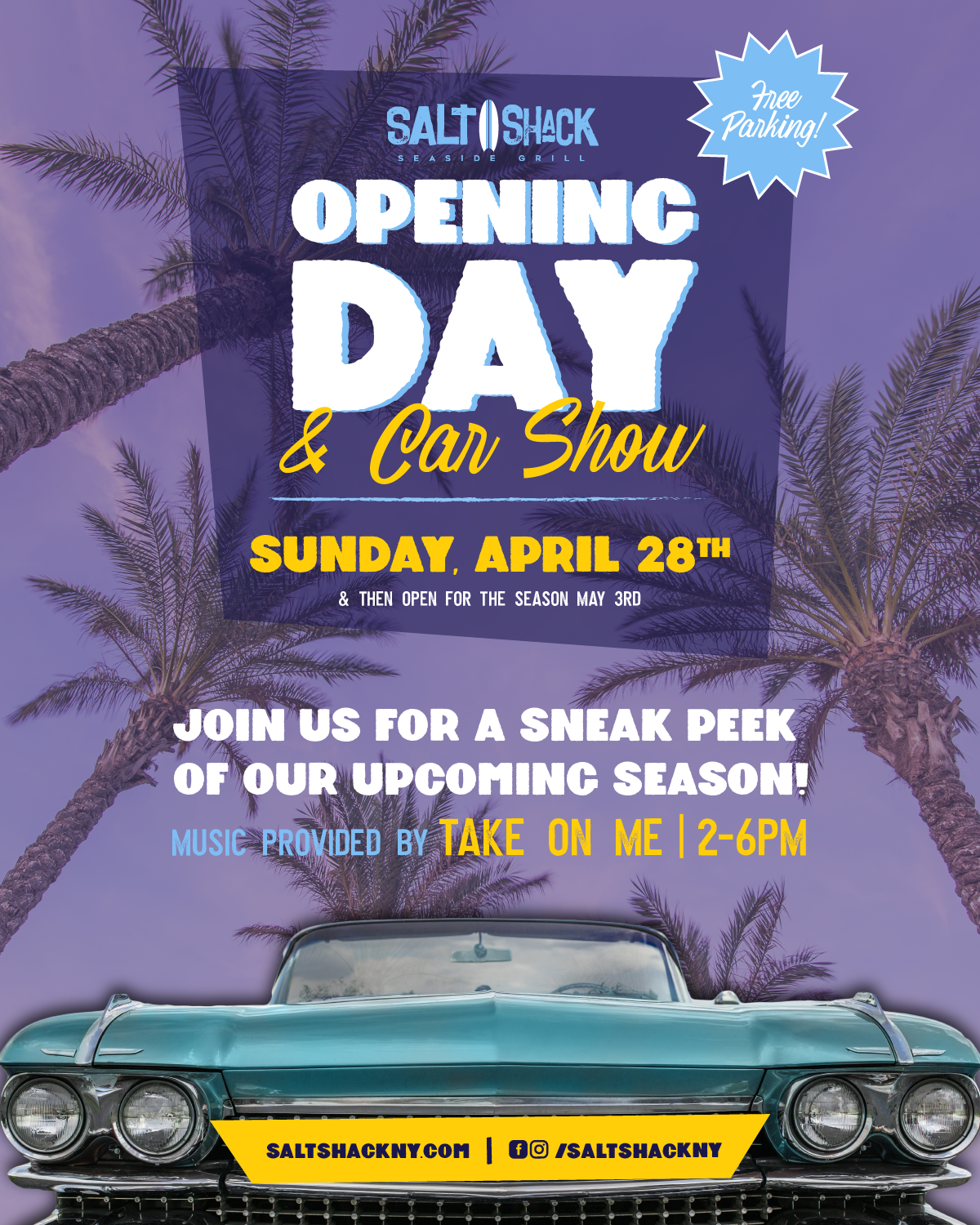 Sunday, April 28th 12 pm: Join us for the Cedar Beach Car Show, live music by take on me at 2 pm